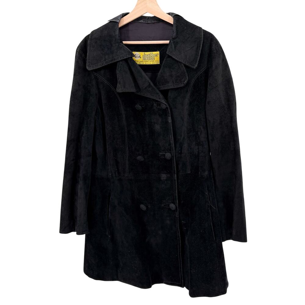 Vintage 70s Leather House Black Genuine Leather Suede Double Breasted Coat